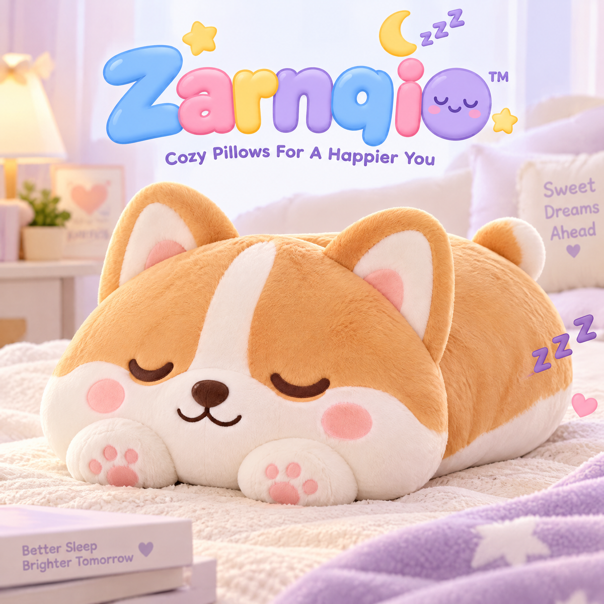 Zarnqio™ Sleeping Corgi Plush Body Pillow – Ultra-Soft Cuddle Stuffed Animal Pillow for Bed, Sofa &amp; Lumbar Support