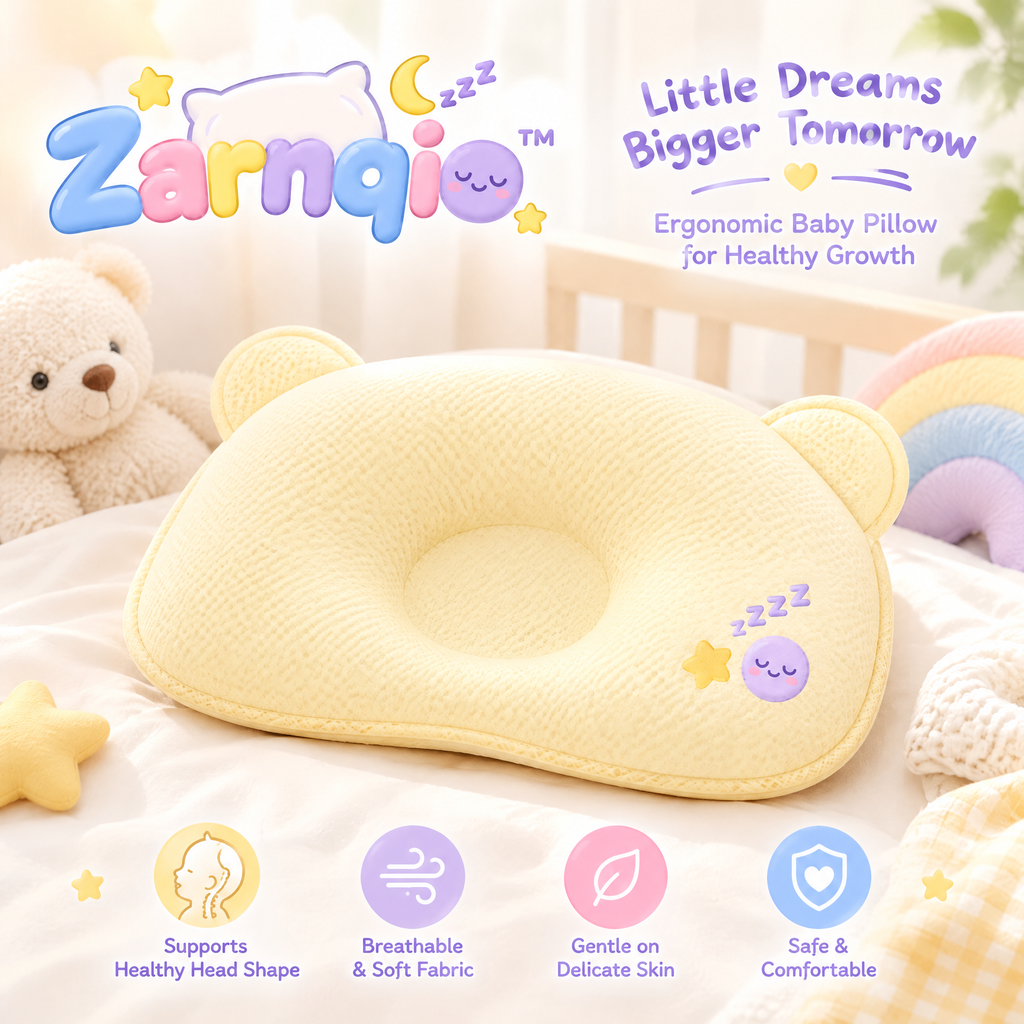 Zarnqio™ Ergonomic Baby Pillow – Breathable Head Shaping Pillow for Infant Neck Support &amp; Healthy Growth, Soft Bear Design (Soft Yellow)