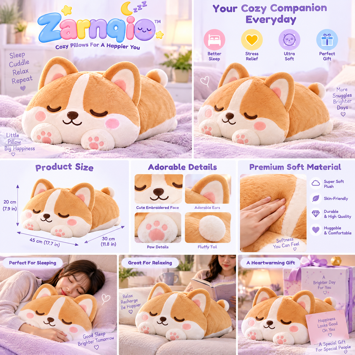 Zarnqio™ Sleeping Corgi Plush Body Pillow – Ultra-Soft Cuddle Stuffed Animal Pillow for Bed, Sofa &amp; Lumbar Support
