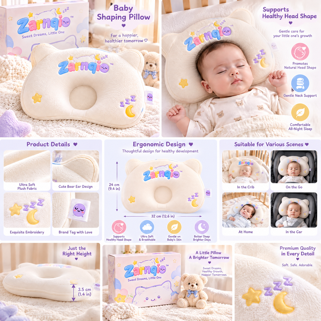 Zarnqio™ Ultra-Soft Baby Shaping Pillow – Ergonomic Head &amp; Neck Support for Newborns and Infants