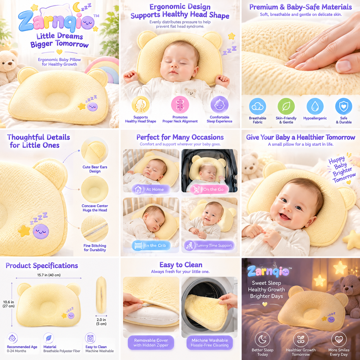 Zarnqio™ Ergonomic Baby Pillow – Breathable Head Shaping Pillow for Infant Neck Support &amp; Healthy Growth, Soft Bear Design (Soft Yellow)