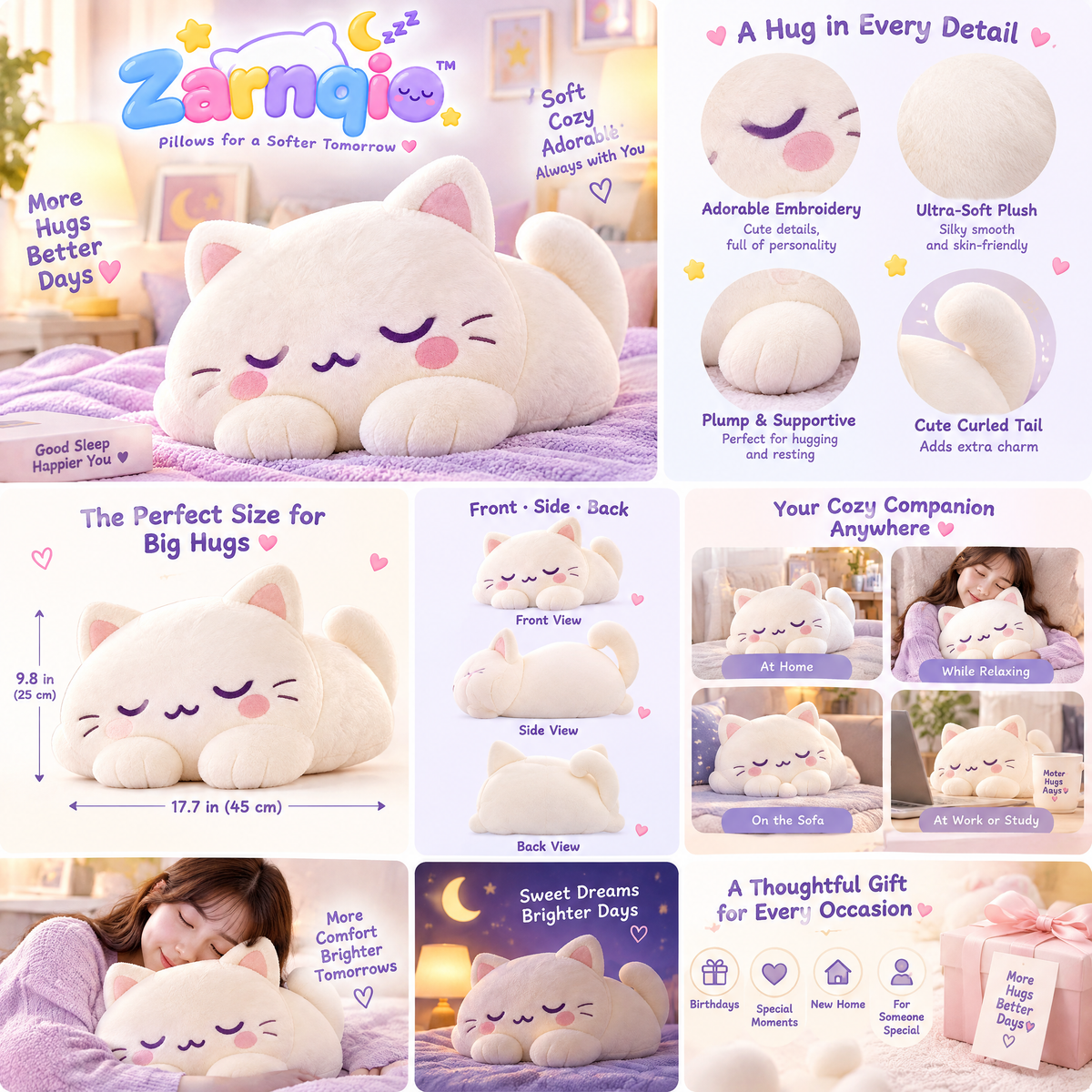 Zarnqio™ Ultra-Soft Sleeping Cat Plush Pillow – Fluffy Kawaii Body Hugging Cushion for Bed &amp; Sofa Decor