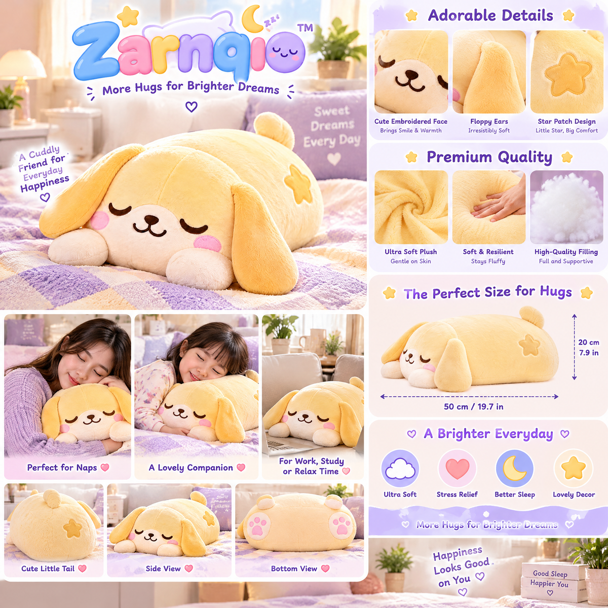 Zarnqio™ Sleeping Puppy Plush Body Pillow – Ultra-Soft Cuddle Dog Stuffed Animal for Better Sleep &amp; Cozy Support