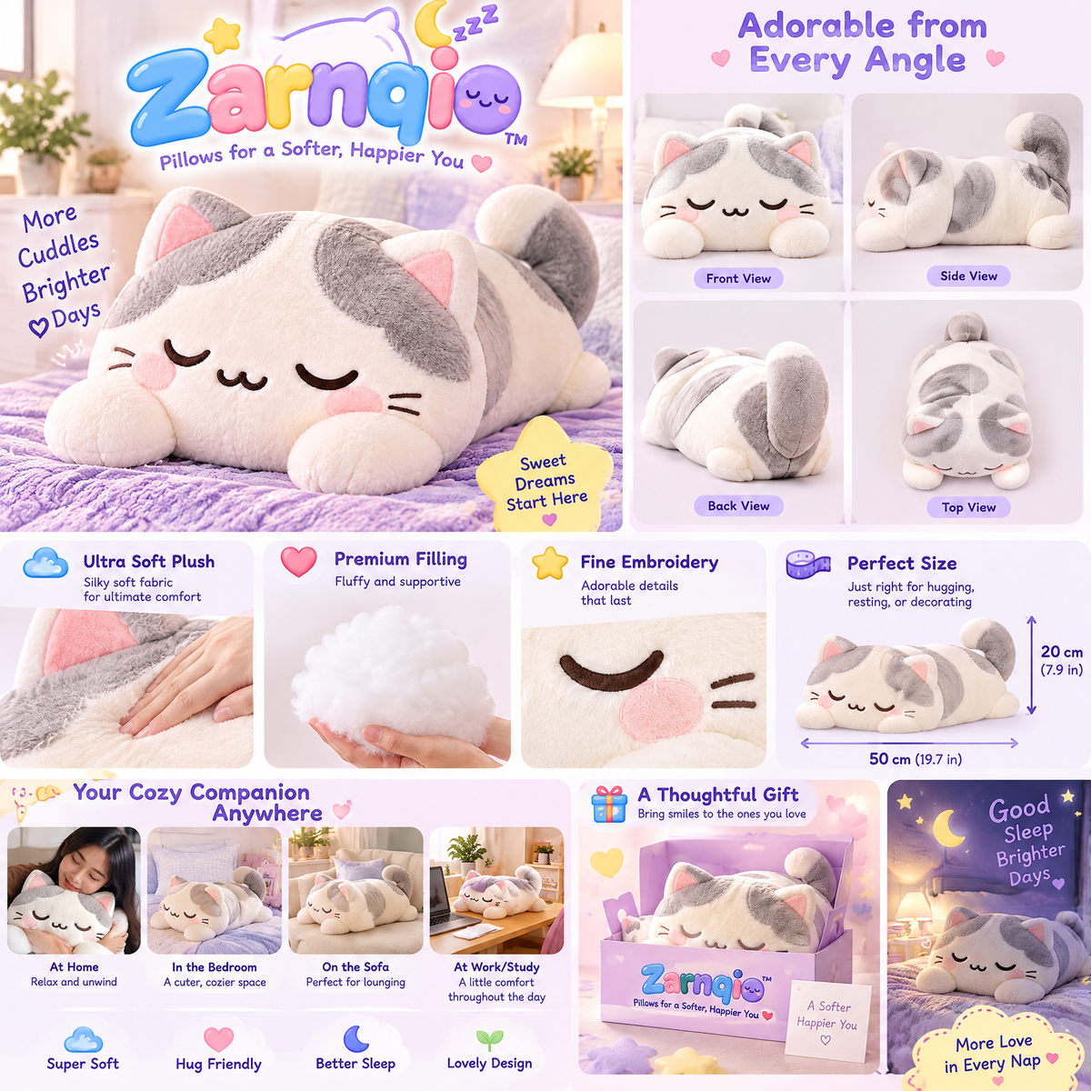 Zarnqio™ Sleeping Cat Plush Body Pillow – Ultra Soft Kawaii Cuddle Pillow for Restful Sleep &amp; Cozy Lounging