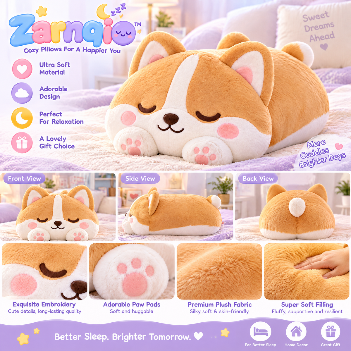 Zarnqio™ Sleeping Corgi Plush Body Pillow – Ultra-Soft Cuddle Stuffed Animal Pillow for Bed, Sofa &amp; Lumbar Support