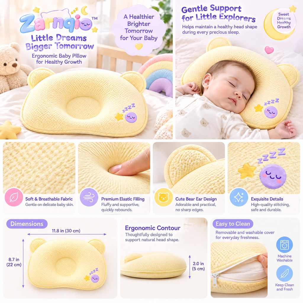 Zarnqio™ Ergonomic Baby Pillow – Breathable Head Shaping Pillow for Infant Neck Support &amp; Healthy Growth, Soft Bear Design (Soft Yellow)