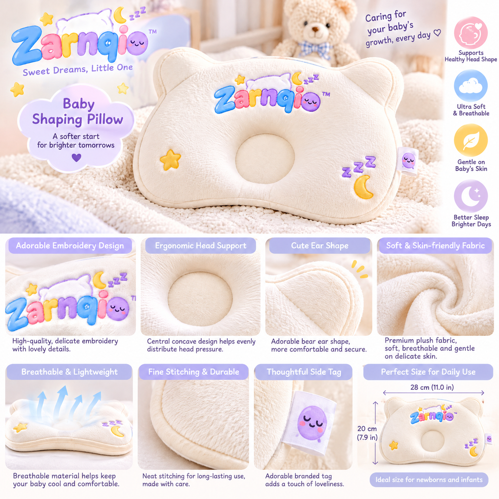 Zarnqio™ Ultra-Soft Baby Shaping Pillow – Ergonomic Head &amp; Neck Support for Newborns and Infants