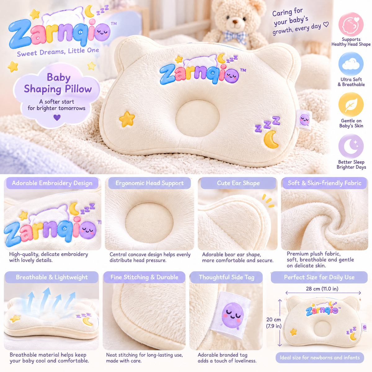 Zarnqio™ Ultra-Soft Baby Shaping Pillow – Ergonomic Head &amp; Neck Support for Newborns and Infants