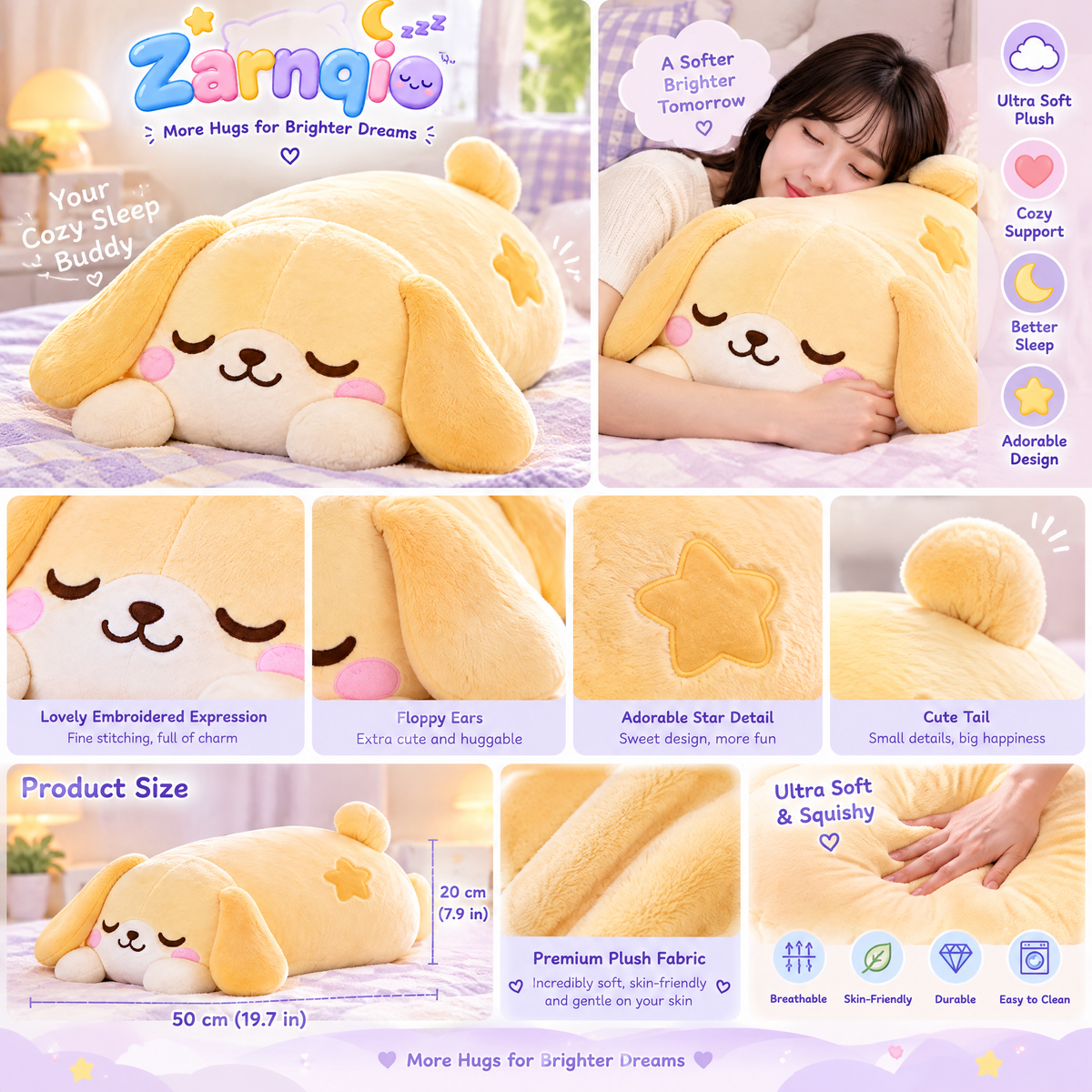 Zarnqio™ Sleeping Puppy Plush Body Pillow – Ultra-Soft Cuddle Dog Stuffed Animal for Better Sleep &amp; Cozy Support