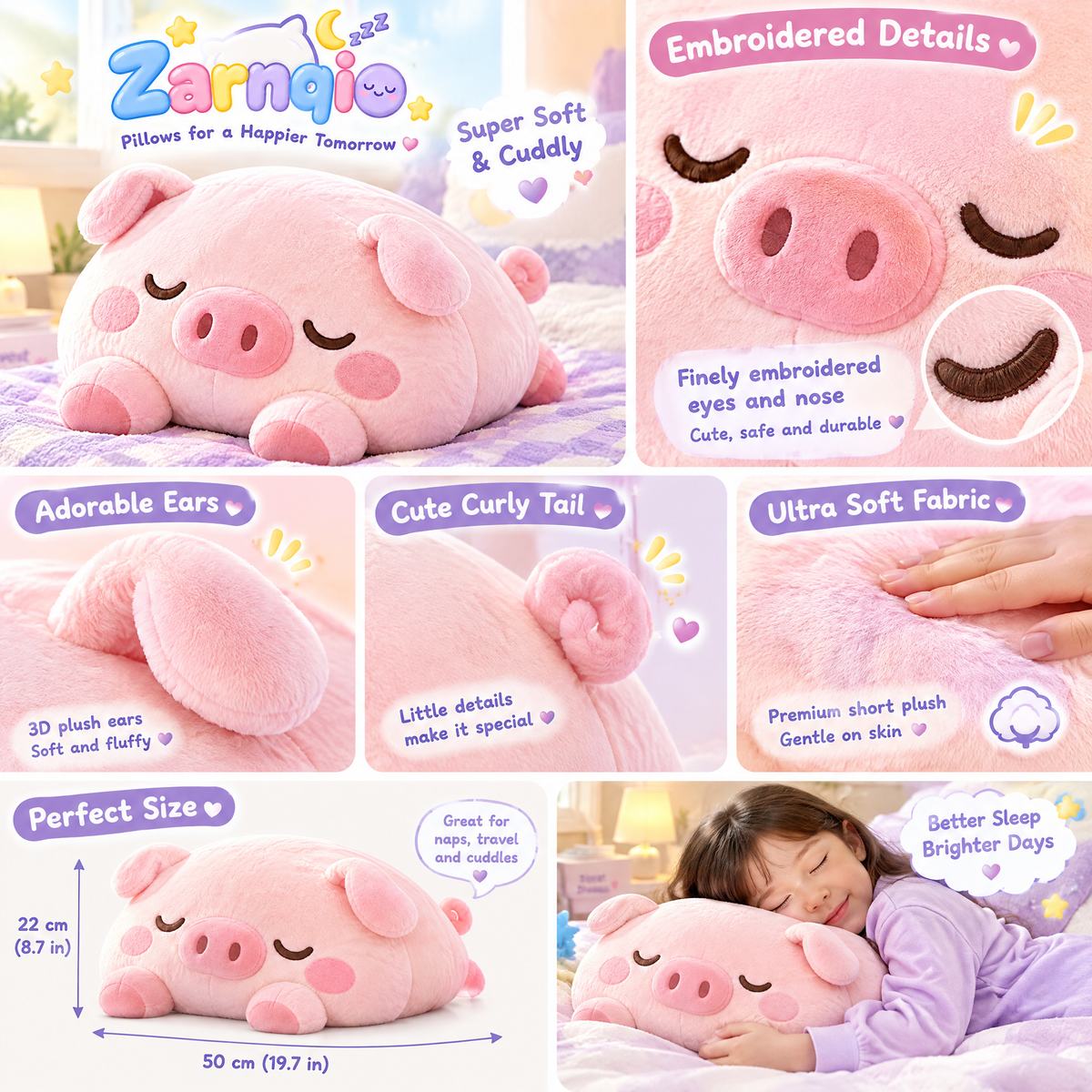 Zarnqio™ Sleeping Pig Plush Pillow – Ultra-Soft Squishy Animal Cuddle Cushion &amp; Bedtime Buddy for Kids and Adults