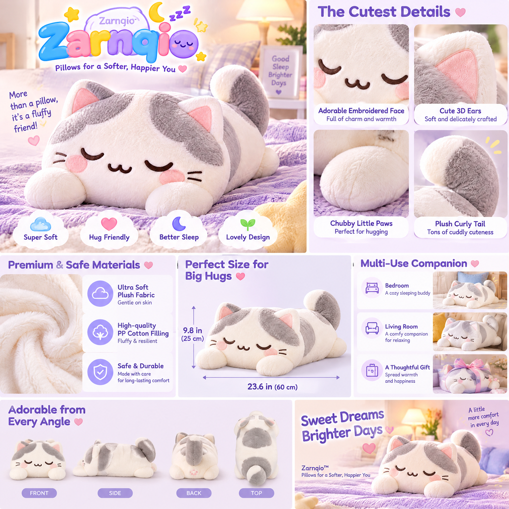 Zarnqio™ Sleeping Cat Plush Body Pillow – Ultra Soft Kawaii Cuddle Pillow for Restful Sleep &amp; Cozy Lounging