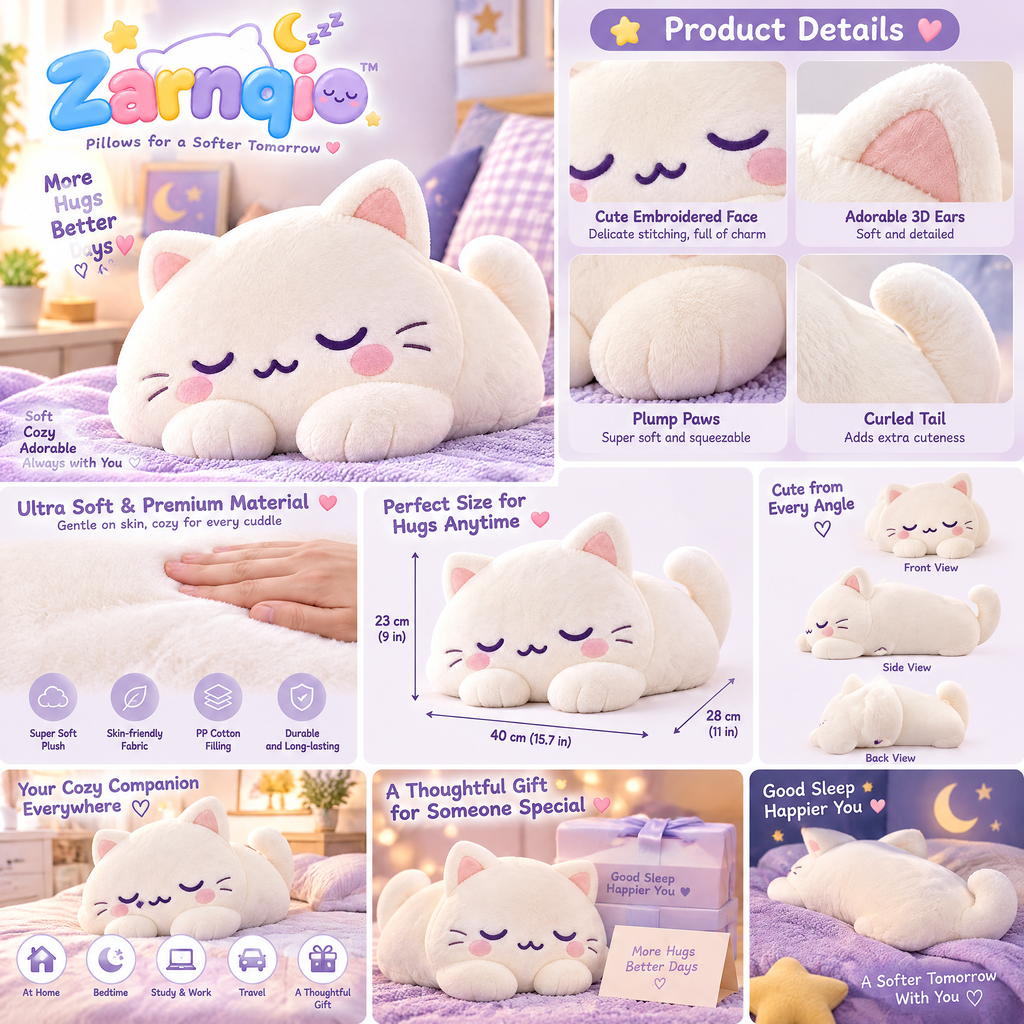 Zarnqio™ Ultra-Soft Sleeping Cat Plush Pillow – Fluffy Kawaii Body Hugging Cushion for Bed &amp; Sofa Decor