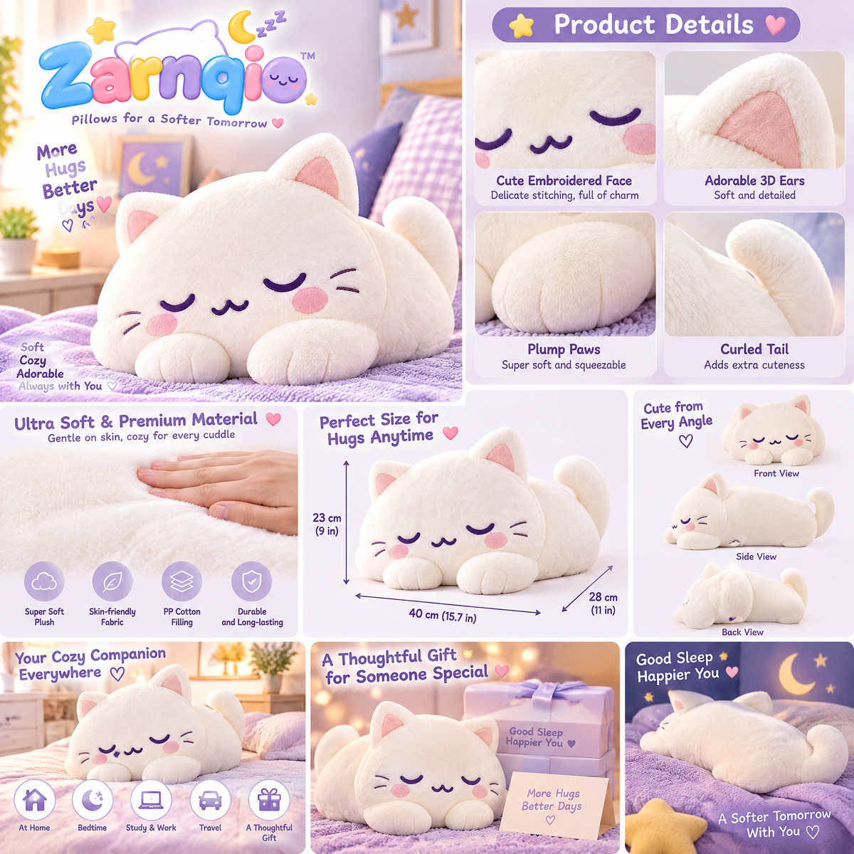 Zarnqio™ Ultra-Soft Sleeping Cat Plush Pillow – Fluffy Kawaii Body Hugging Cushion for Bed &amp; Sofa Decor