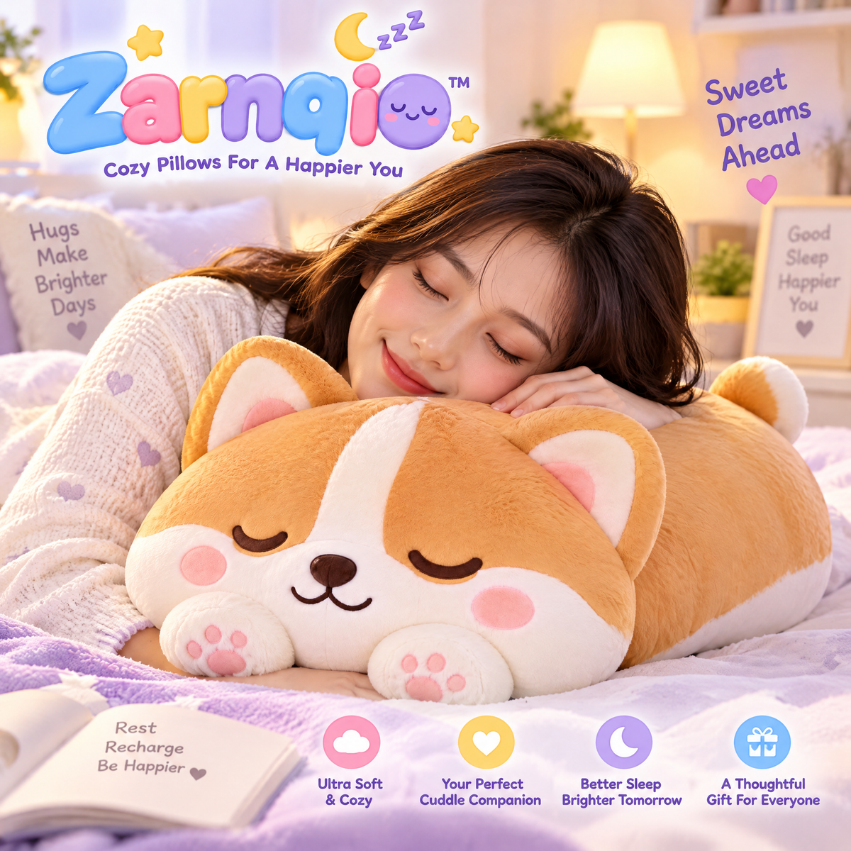 Zarnqio™ Sleeping Corgi Plush Body Pillow – Ultra-Soft Cuddle Stuffed Animal Pillow for Bed, Sofa &amp; Lumbar Support
