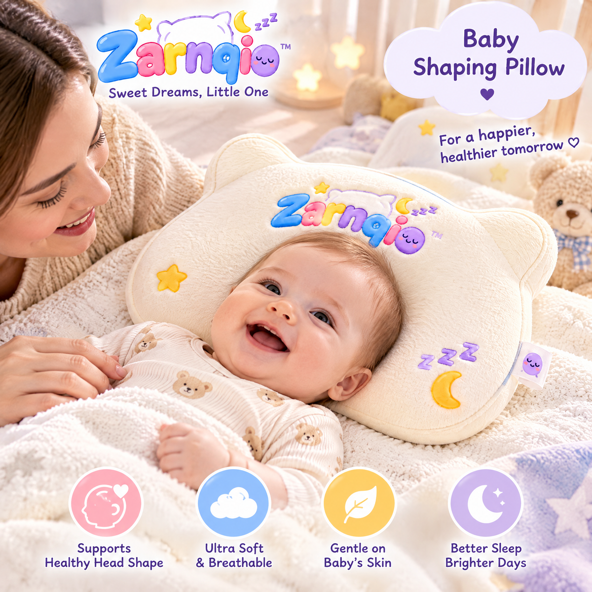 Zarnqio™ Ultra-Soft Baby Shaping Pillow – Ergonomic Head &amp; Neck Support for Newborns and Infants