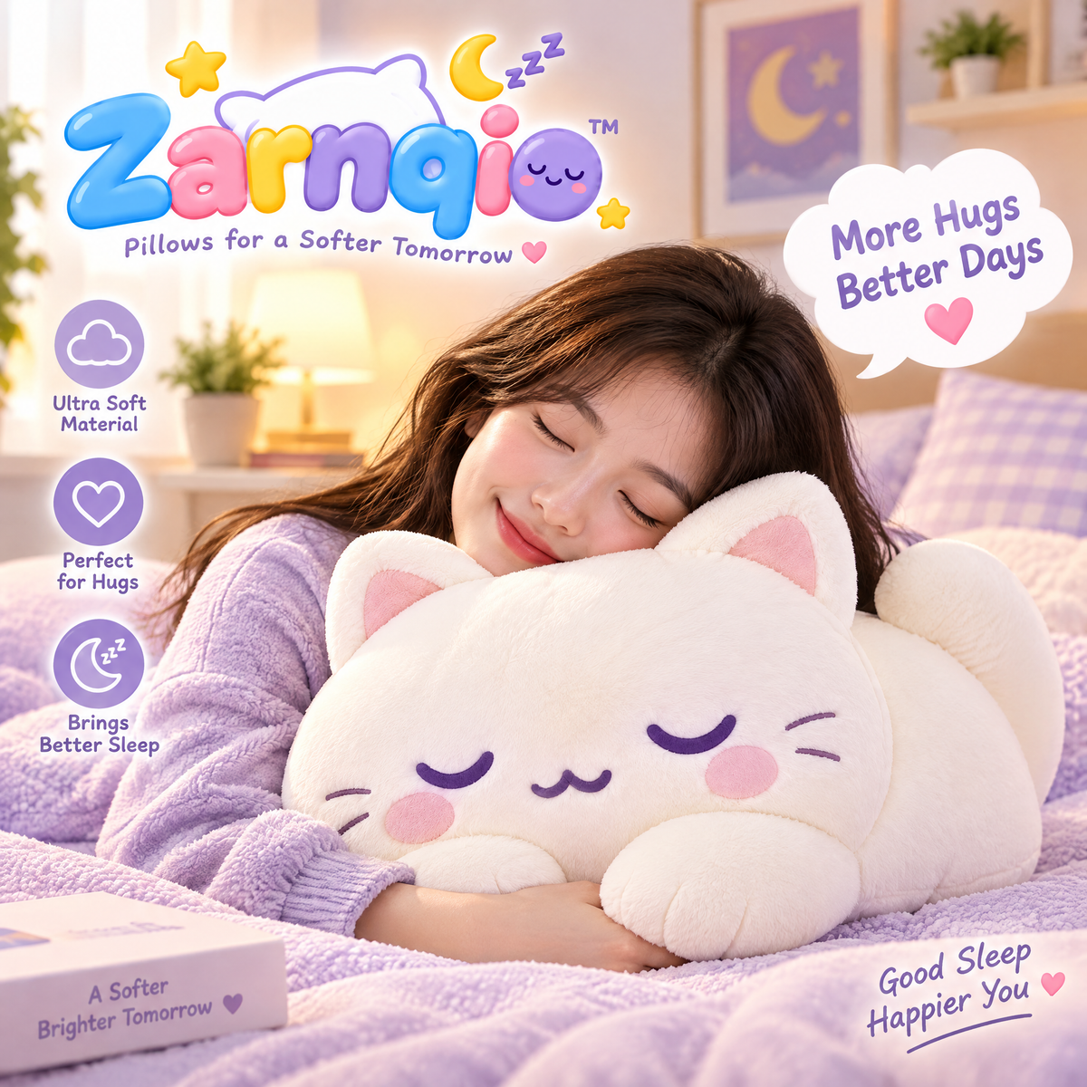 Zarnqio™ Ultra-Soft Sleeping Cat Plush Pillow – Fluffy Kawaii Body Hugging Cushion for Bed &amp; Sofa Decor