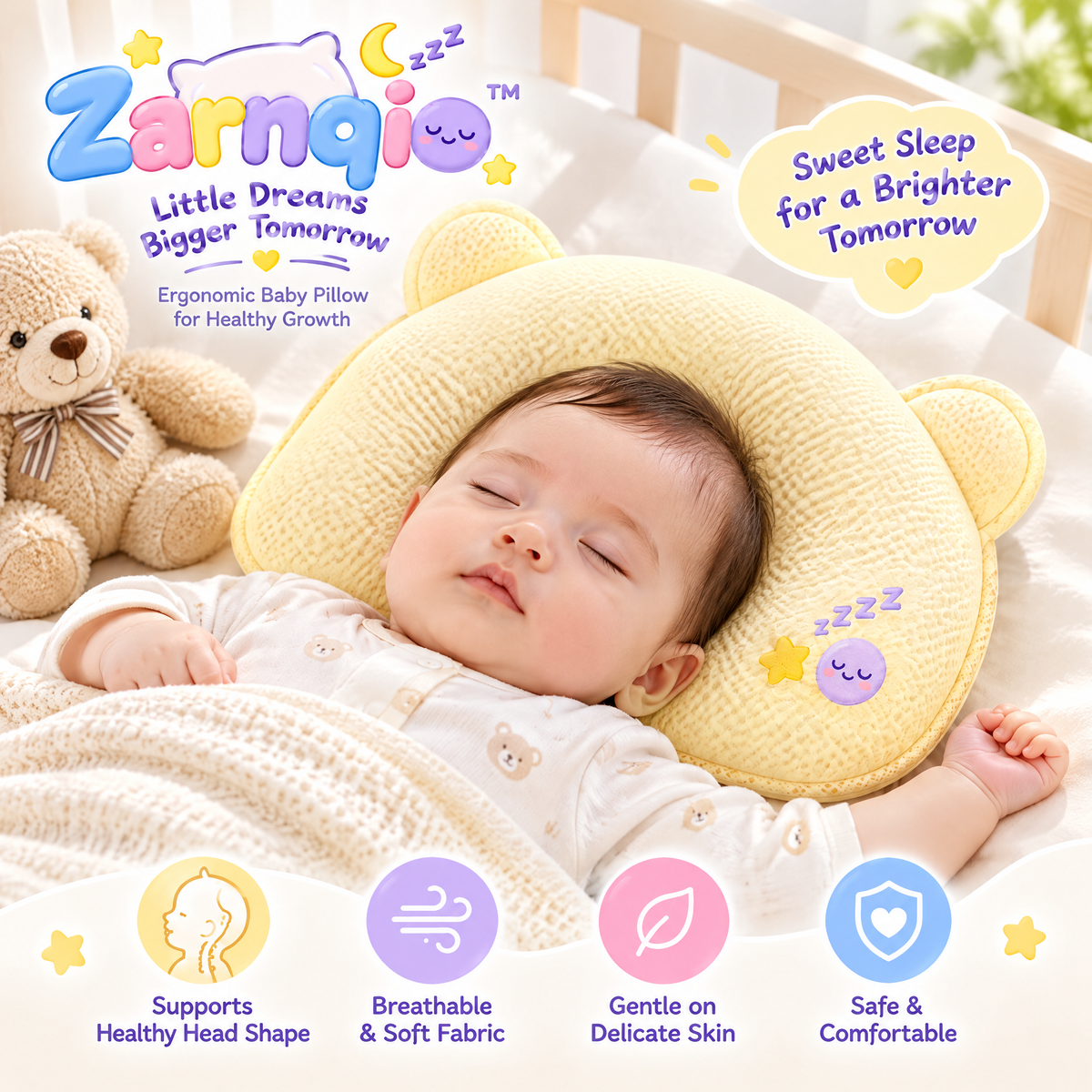 Zarnqio™ Ergonomic Baby Pillow – Breathable Head Shaping Pillow for Infant Neck Support &amp; Healthy Growth, Soft Bear Design (Soft Yellow)
