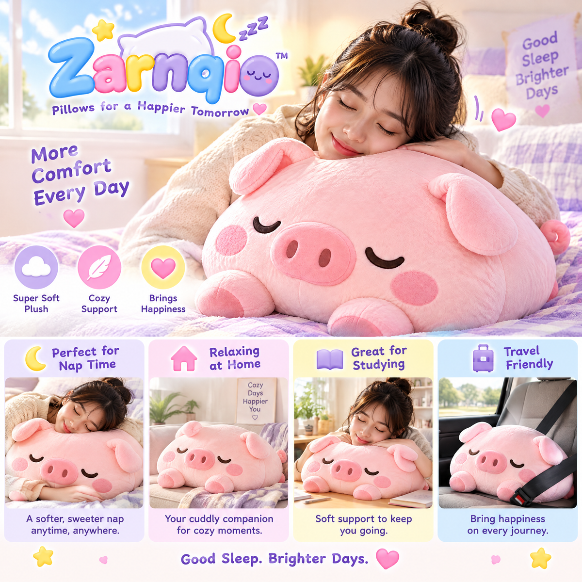 Zarnqio™ Sleeping Pig Plush Pillow – Ultra-Soft Squishy Animal Cuddle Cushion &amp; Bedtime Buddy for Kids and Adults