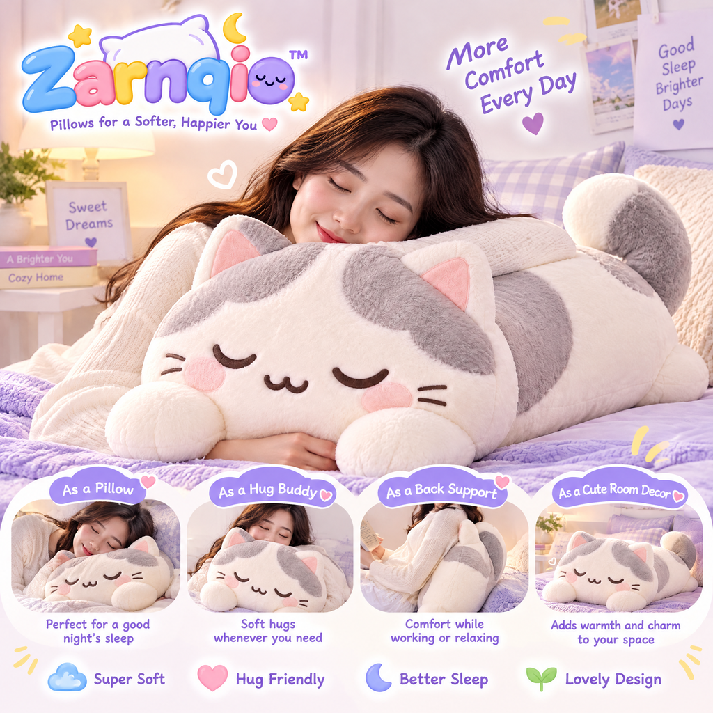 Zarnqio™ Sleeping Cat Plush Body Pillow – Ultra Soft Kawaii Cuddle Pillow for Restful Sleep &amp; Cozy Lounging